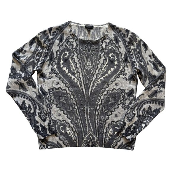 Madison Cashmere Grey Black Paisley Sweater M 100% Cashmere Boho Lightweight - Picture 1 of 5